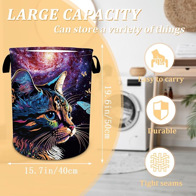 Cat Galaxy Space Laundry Basket, Foldable Waterproof Oxford Cloth Purple - Image 2