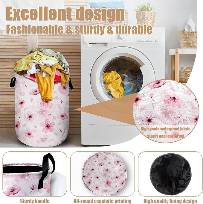 Watercolor Cherry Blossom Laundry Basket, Foldable Pink Flower Laundry Hamper - Image 4