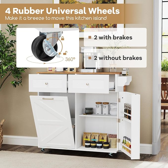 Rolling Kitchen Island with Trash Can Storage Cabinet, Drop Leaf Breakfast Bar - Image 6