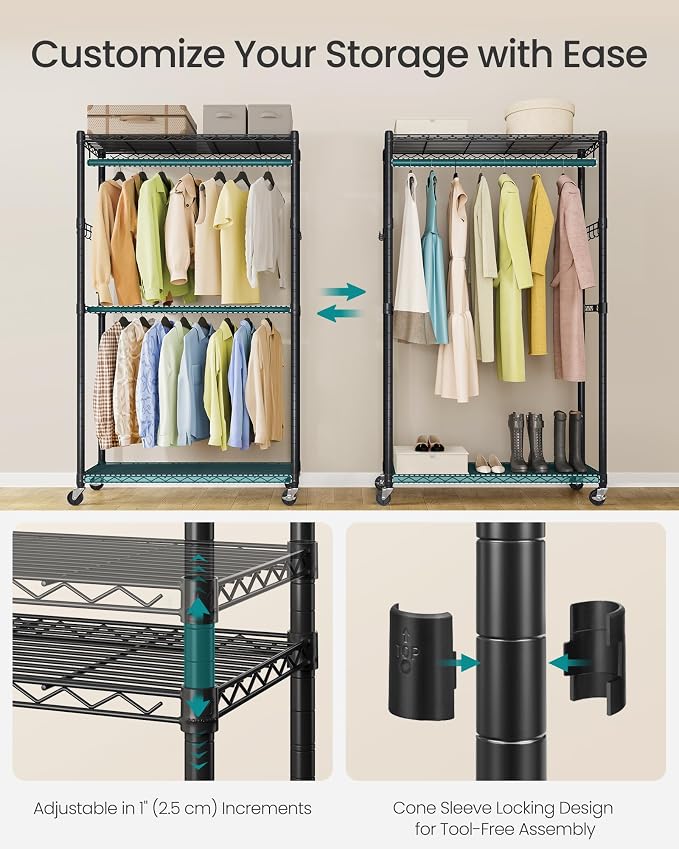 SONGMICS Heavy-Duty Rolling Clothes Rack, Garment Rack, Portable Closet on - Image 4