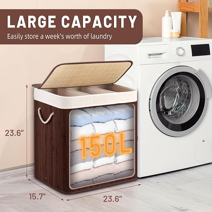 150L Laundry Hamper with lid, 3-Section Clothes Laundry Basket with Handles - Image 2