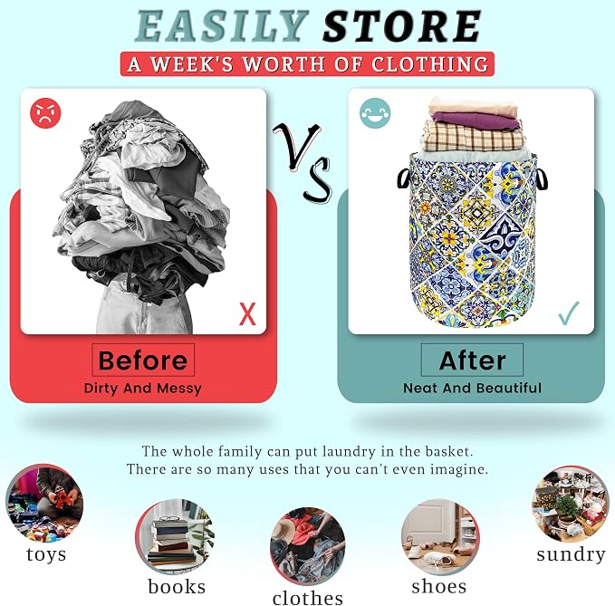 Mexican Tiles Laundry Basket Blue Green Boho Print Funny Laundry Hamper - Image 3