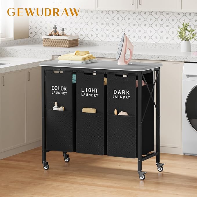 3 Section Laundry Sorter with Ironing Board, Laundry Hamper with Removable Bags - Image 7