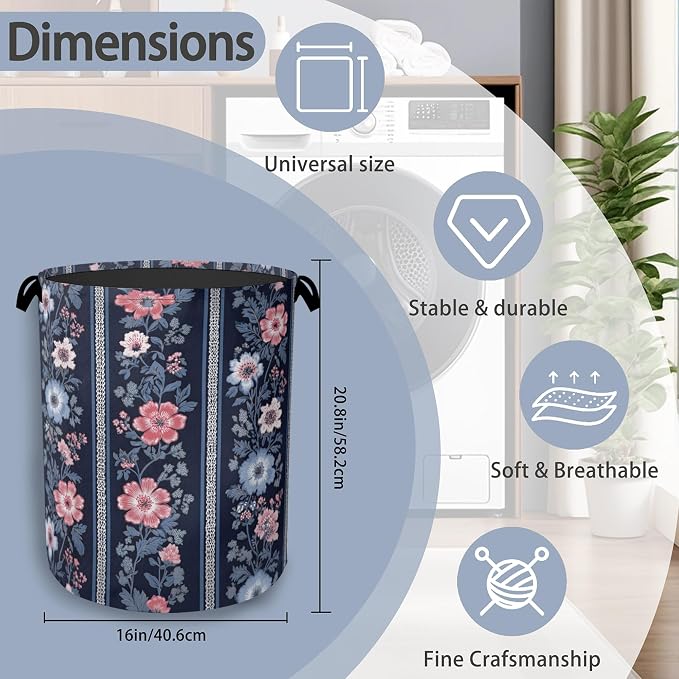Boho Vintage Flower Laundry Basket, Foldable Oxford Cloth Tote Bag Laundry - Image 2