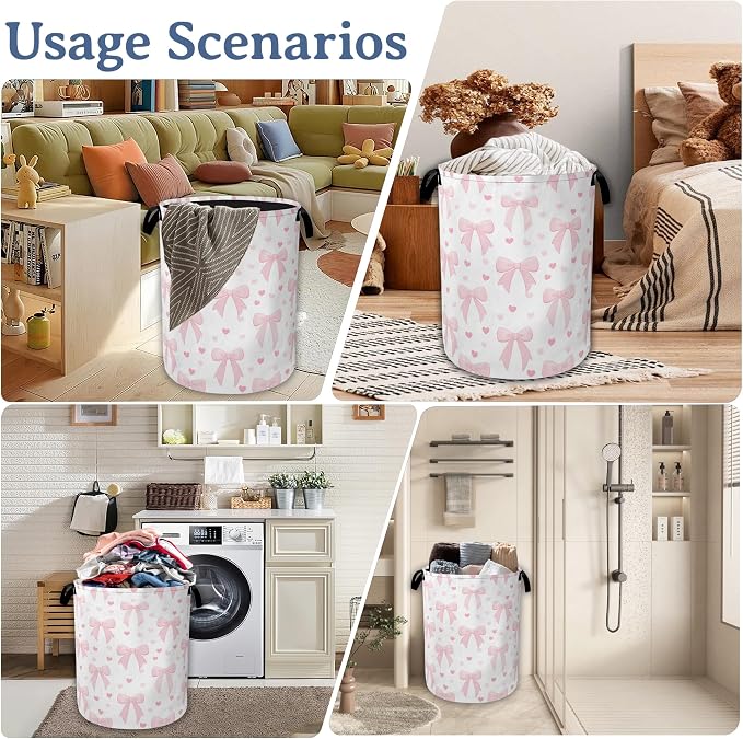 Cute Pink Bow Laundry Basket, Foldable Oxford Cloth Heart Laundry Hamper - Image 7