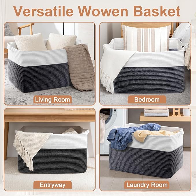 75L Large Blanket Basket, Rectangular Cotton Rope Basket, Laundry Hamper - Image 6
