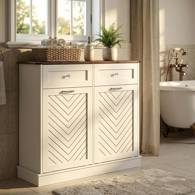 YOURLITE Double Tilt-Out Laundry Hamper Cabinet, 20 Gallon Herringbone Trash - Image 7