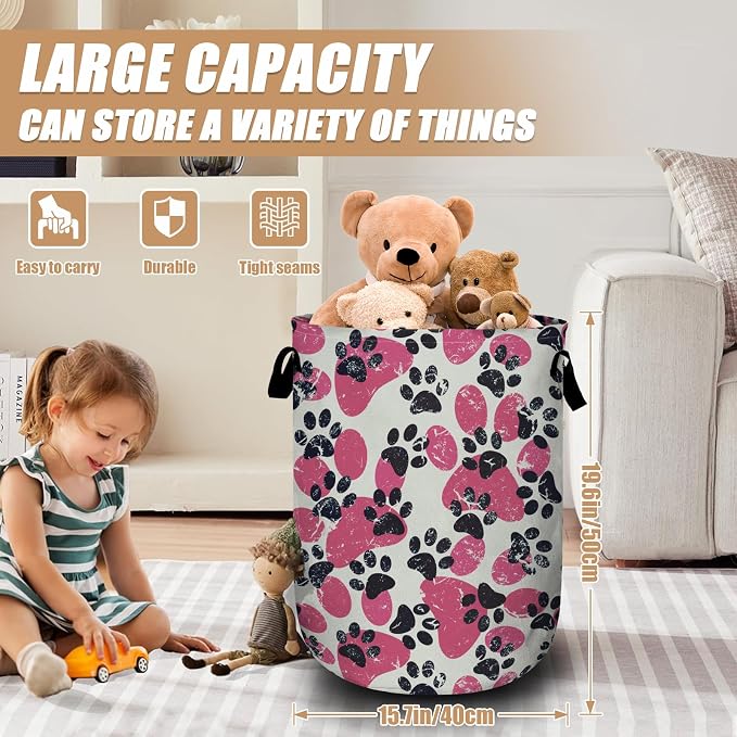 Pink Paw Print Laundry Basket, Foldable Waterproof Laundry Hamper Tote Bag - Image 2