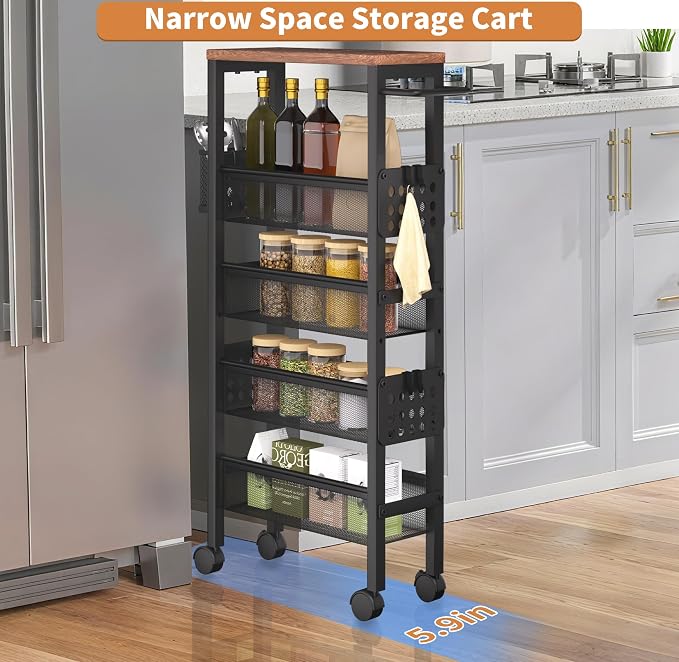 TORIBIO Slim Storage Cart, 5 Tier Narrow Kitchen Rolling Cart - Image 3