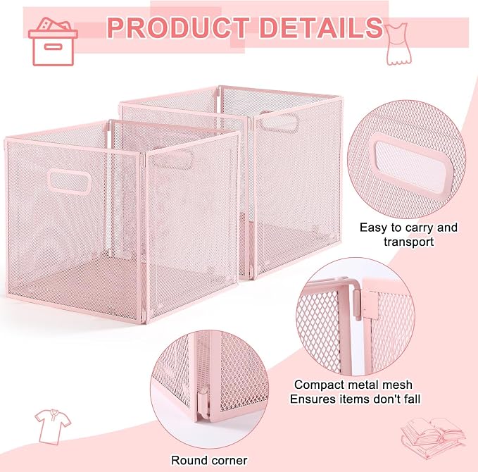 2 Pcs Easter Foldable Metal Cube Storage Baskets 13" x 13" Pink Kitchen Wire - Image 3