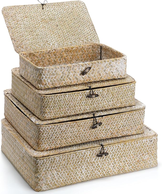 Set of 4 Seagrass Basket with Lid Wicker Storage Basket Decorative Storage by Didaey