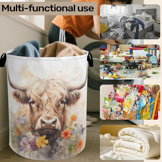 Highland Cow Summer Flowers Large Clothes Hamper Bag - Image 6