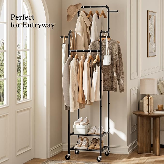 Chrislley Clothes Rack with Wheels, Small Rolling Garment Rack, 4 Hanging Rods - Image 7