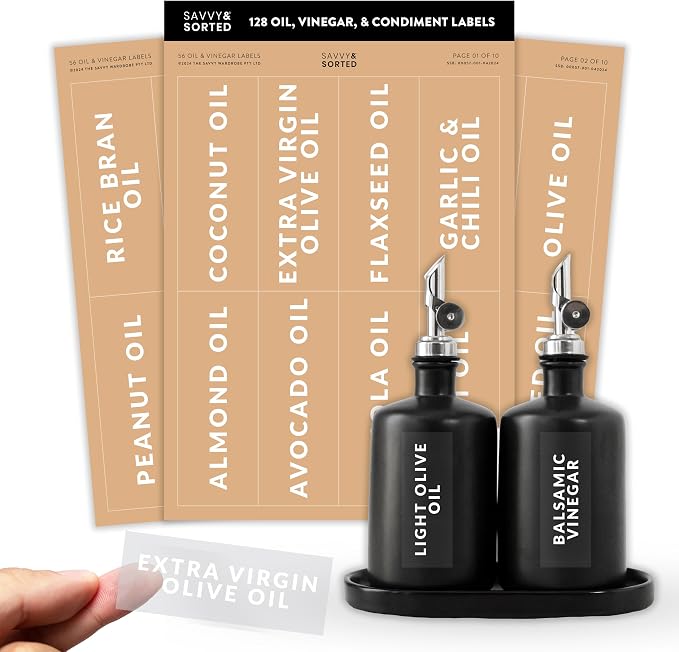 SAVVY & SORTED Oil Vinegar and Condiment Labels, 128 Preprinted Pantry Stickers by SAVVYSORTED%C2%AE
