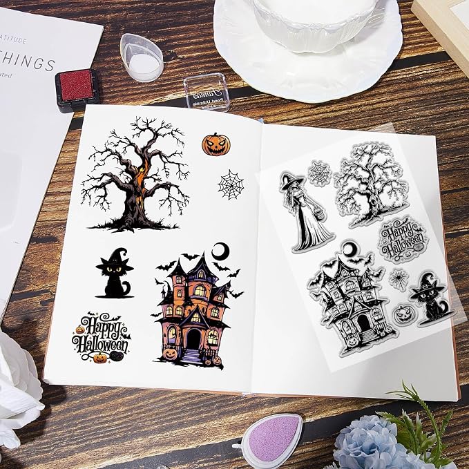 CRASPIRE Witch Rubber Stamps Happy Halloween Web Bat Moon Night Castle Pumpkin - Image 5