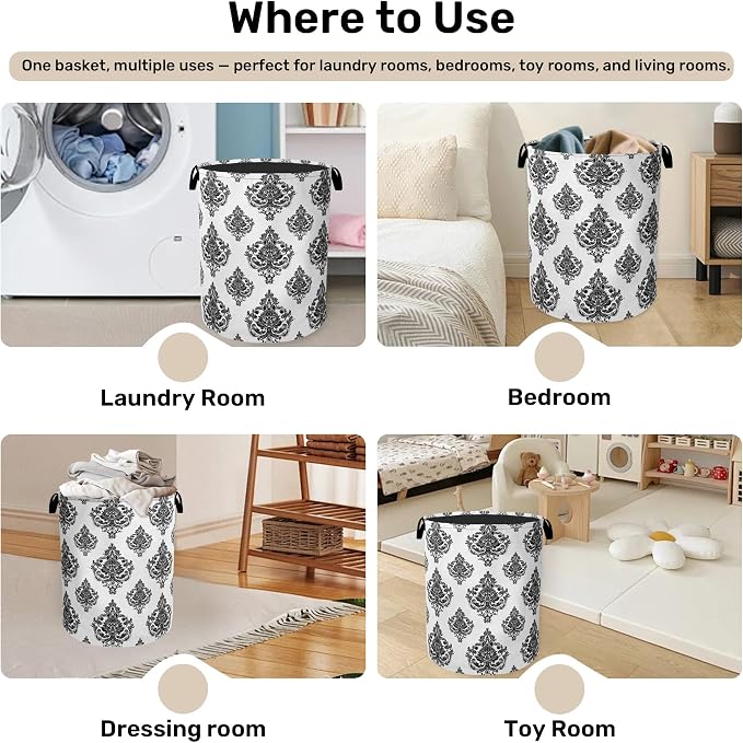 Black White Damask Flower Foldable Laundry Hamper - Image 4