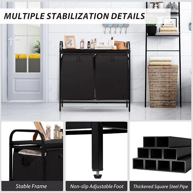 2 Section Laundry Hamper with Shelf, Laundry Basket Organizer with 2 Pull-Out - Image 5