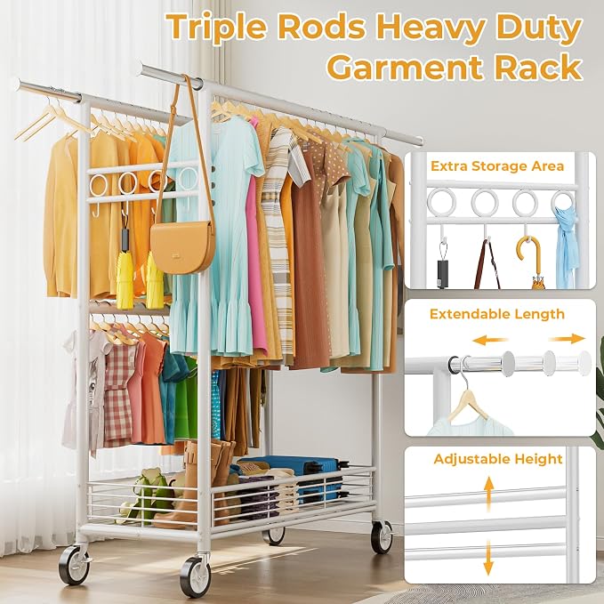 Heavy Duty Clothes Rack Load 960LBS, Three Rods Rolling Clothing Racks - Image 6