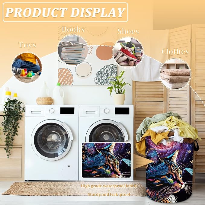Cat Galaxy Space Laundry Basket, Foldable Waterproof Oxford Cloth Purple - Image 4