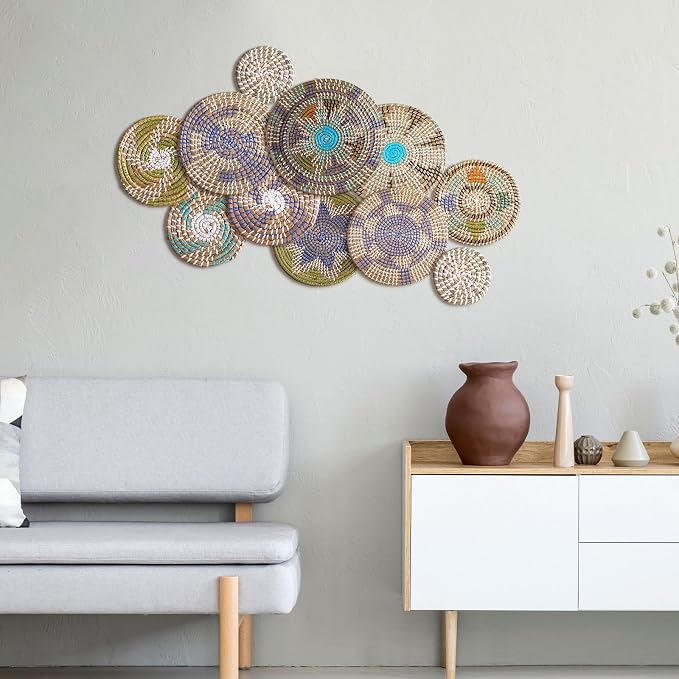 Tatuo 11 Pcs Boho Wall Basket Decor Decorative Bulrush Woven Basket Wall Decor - Image 5