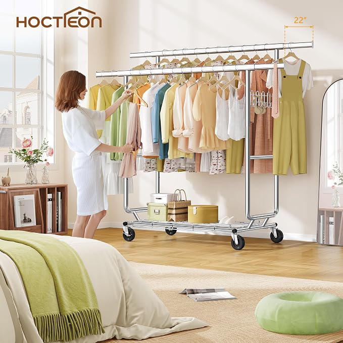 Hoctieon 2-Minute Assembly Double Rod Clothes Rack, Heavy Duty Rolling Clothing - Image 8