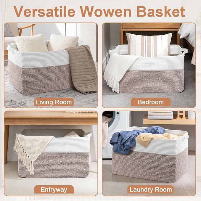 105L XXXL Large Blanket Basket, Rectangular Cotton Rope Basket, Laundry Hamper - Image 6