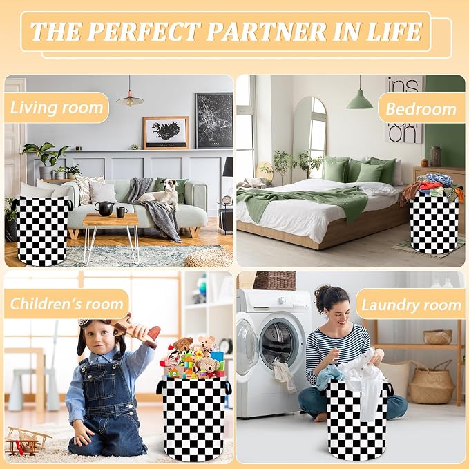 Black and White Checkered Laundry Basket, Checkerboard Laundry Hamper Foldable - Image 7