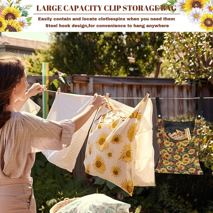 Sunflowers Clothespin Bag with Large Opening, Clothespin Storage Bag Laundry - Image 5