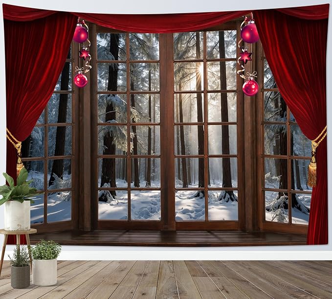 LB Christmas Winter Tapestry, Window Outside Snowy Pine Tree in Forest Wall - Image 4
