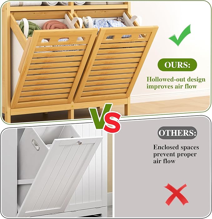 VASMIA Tilt Out Laundry Hamper Cabinet, Bamboo Double Laundry Hamper - Image 7