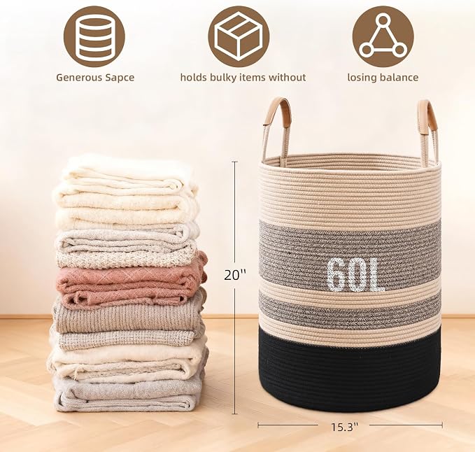60L Striped Laundry Basket, Woven Cotton Rope Storage Bin - Image 4