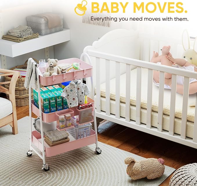 Sekey 3 Tier Rolling Cart, Hanging Cups, Heavy Duty Mesh Rolling Storage Cart - Image 8
