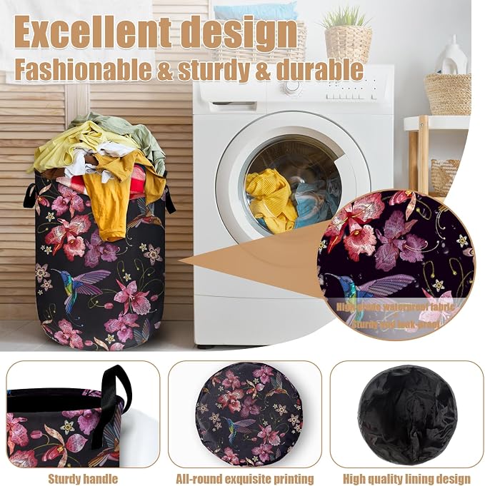 Pink Flower Hummingbird Laundry Basket, Foldable Waterproof Laundry Hamper Tote - Image 4