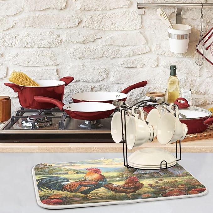 Beautiful Rural Farm Rooster Cocks Painting Absorbent Dish Drying Mat - Image 2