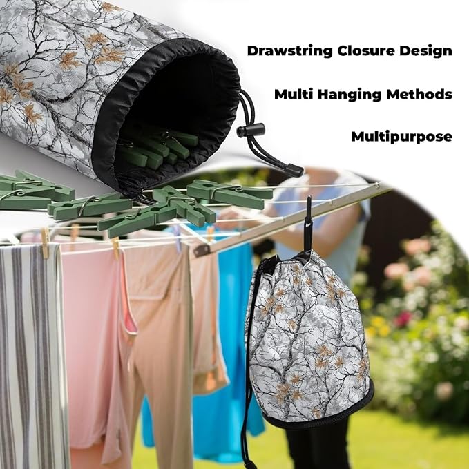 Clothespin Storage Bag with Hooks & Drawstring Closure Bare Branch Leaf Space - Image 6