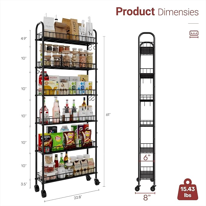 Slim Rolling Storage Cart with Wheels, 6-Tier Narrow Shelf Unit - Image 3