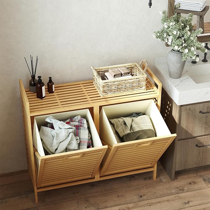 Bamboo Laundry Hamper, 75L Double Tilt-Out Laundry Basket - Image 5