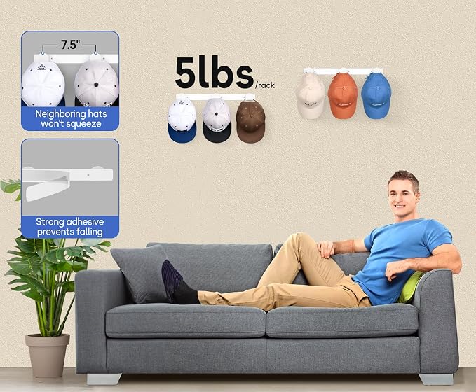 KIMBORA 2 Packs Hat Rack for Wall, Hat Organizer for Baseball Caps, 3 Mounting - Image 3