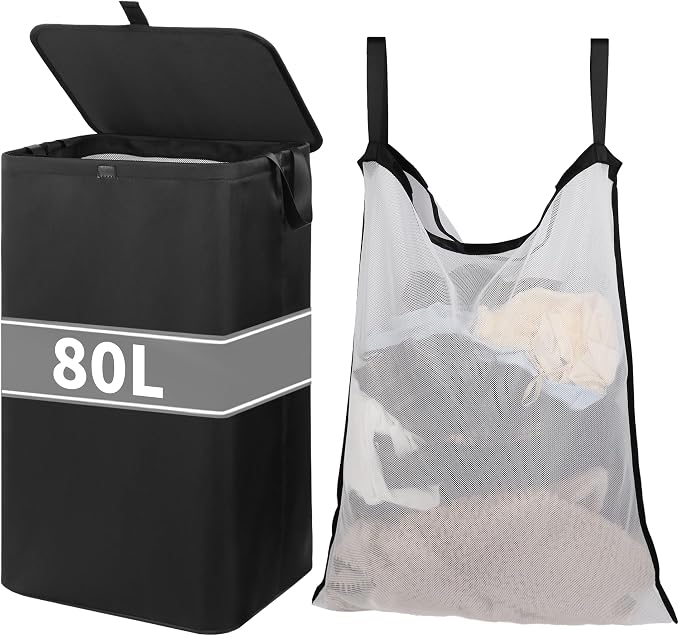 80L Large Laundry Hamper with Lid, Foldable Laundry Bag by Anmiro