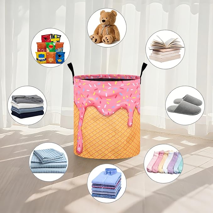 Pink Ice Cream Laundry Basket Foldable Oxford Cloth Tote Bag Laundry Hamper - Image 4