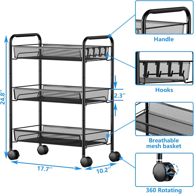 OVICAR Mesh Wire 3 Tier Rolling Cart, Kitchen Storage Utility Cart, Full Metal - Image 6