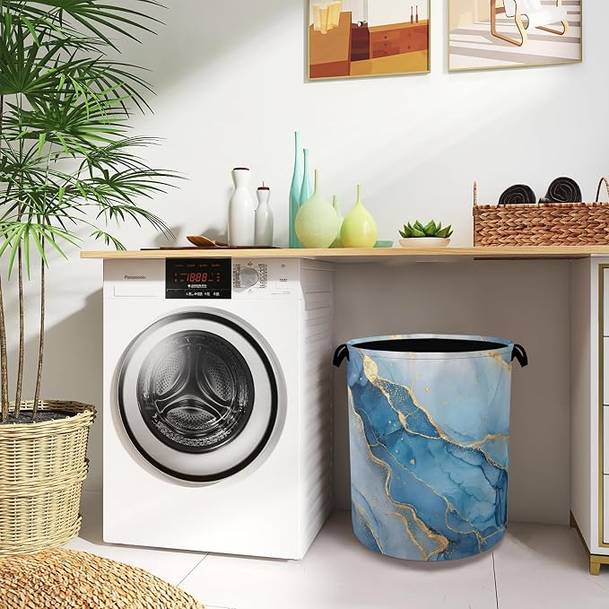 Blue Gold Marble Laundry Basket, Foldable - Image 8