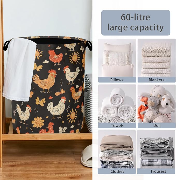 Cute Roosters Laundry Basket, Flower Butterfly Foldable - Image 6