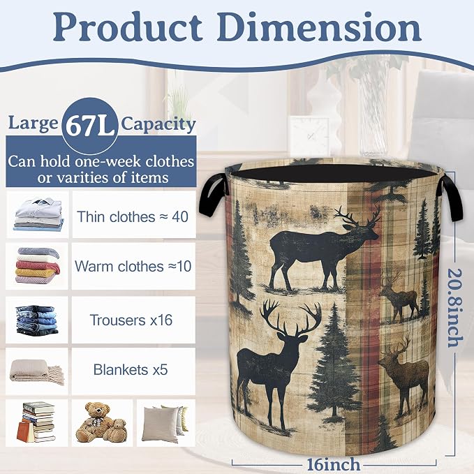 Deer Laundry Basket, Foldable Oxford Cloth Vintage Forest Tree Laundry Hamper - Image 2