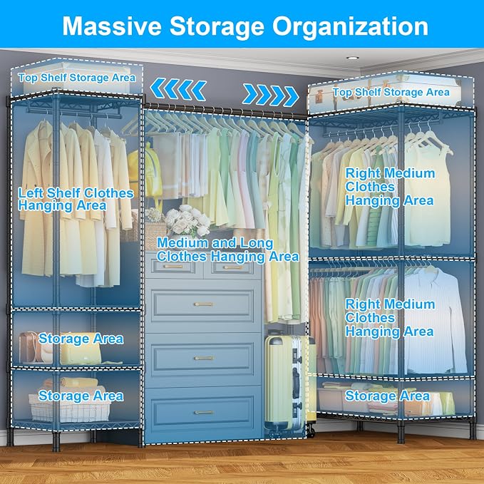E10L L-Shaped Clothes Rack for Corner（With Expandable Hanger Rod）Heavy Duty - Image 3