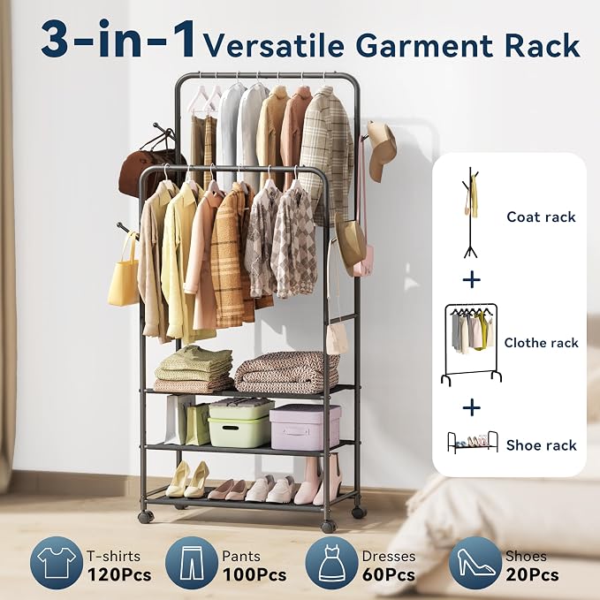 Whitmor Double Rod Clothes Rack: Metal Rolling Clothing Racks - Image 9