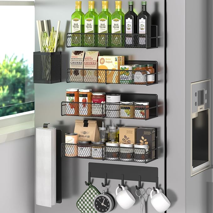 Magnetic Spice Rack for Refrigerator, 7 Pack Metal Shelf Black, Moveable by DTUQYX