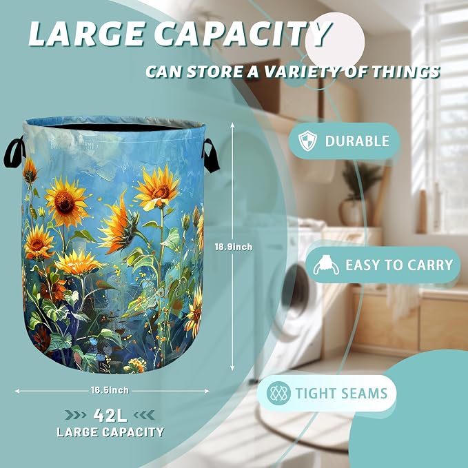 Watercolor Sunflower Laundry Basket Flowers Funny Laundry Hamper Foldable - Image 2