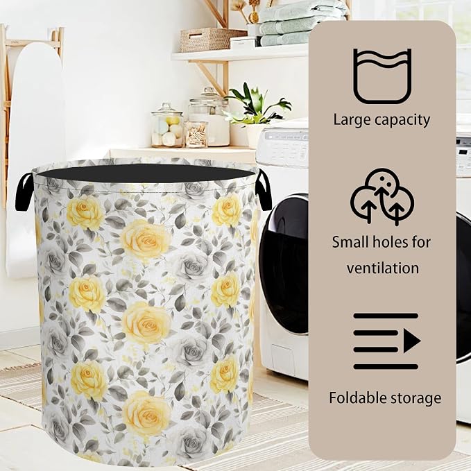 Yellow Gray Flowers Large Clothes Hamper Bag - Image 7