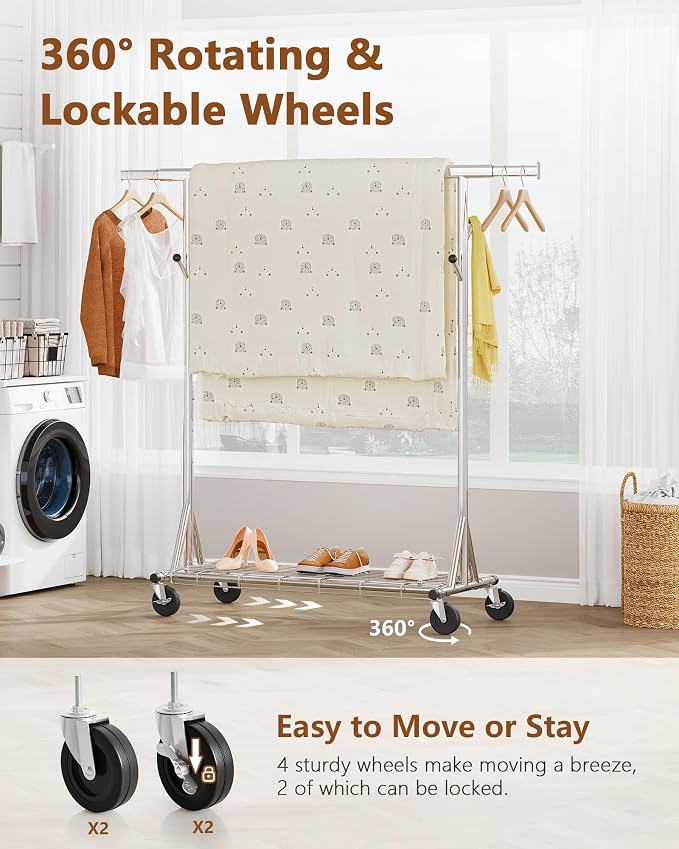 Hoctieon 1-Minute Assembly Clothes Rack, 480 lbs Heavy Duty Rolling Clothing - Image 5